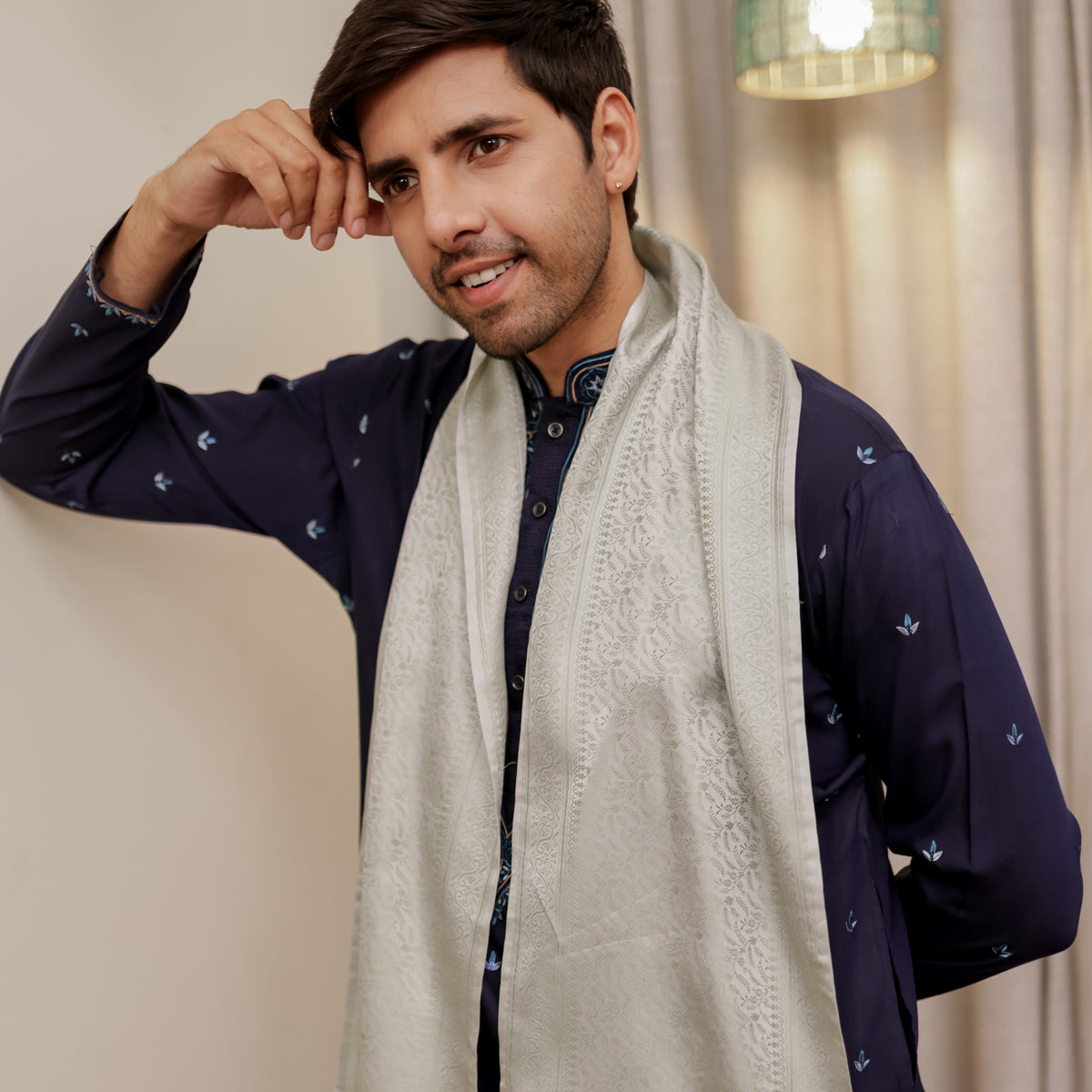 Light Pista Green Floral Design Silk Men’s Scarf
