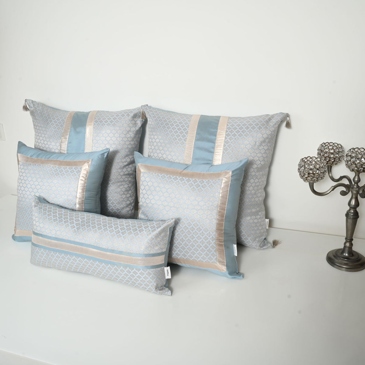 Light Blue Sarovar Silk Brocade Bed Set Cusion Covers