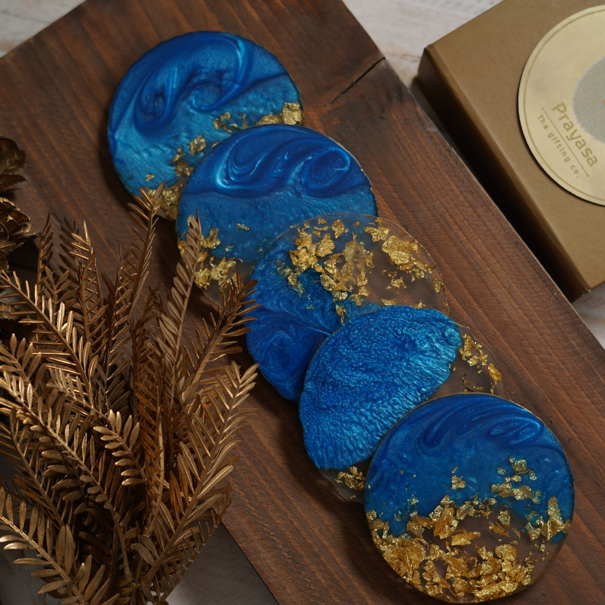 RESIN TEA COASTER - BLUE & GOLD - SET OF 5
