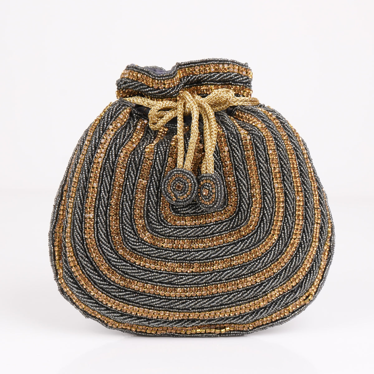 Grey Gold Beaded Potli Bag