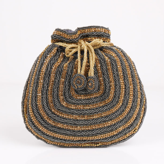 Grey Gold Beaded Potli Bag