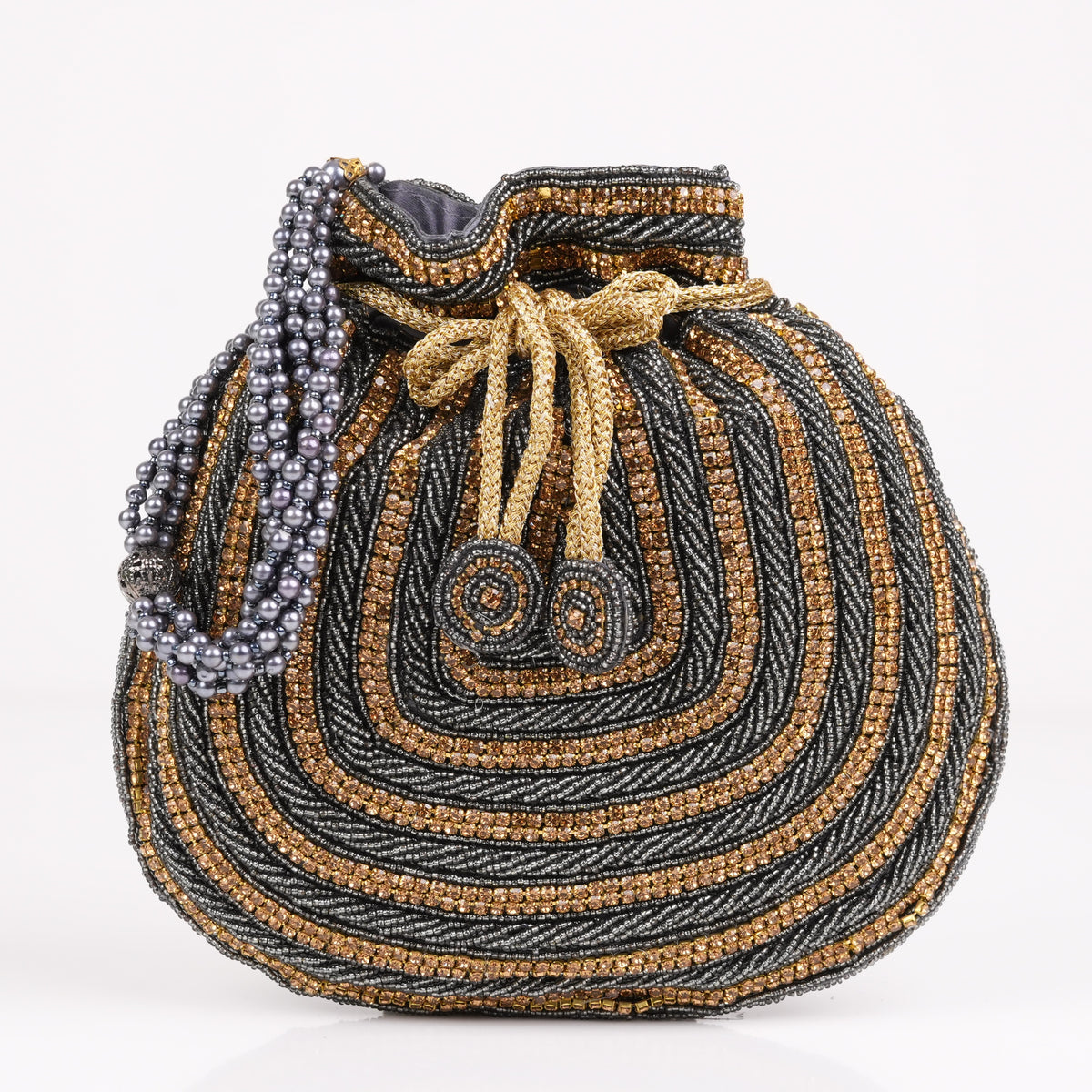 Grey Gold Beaded Potli Bag