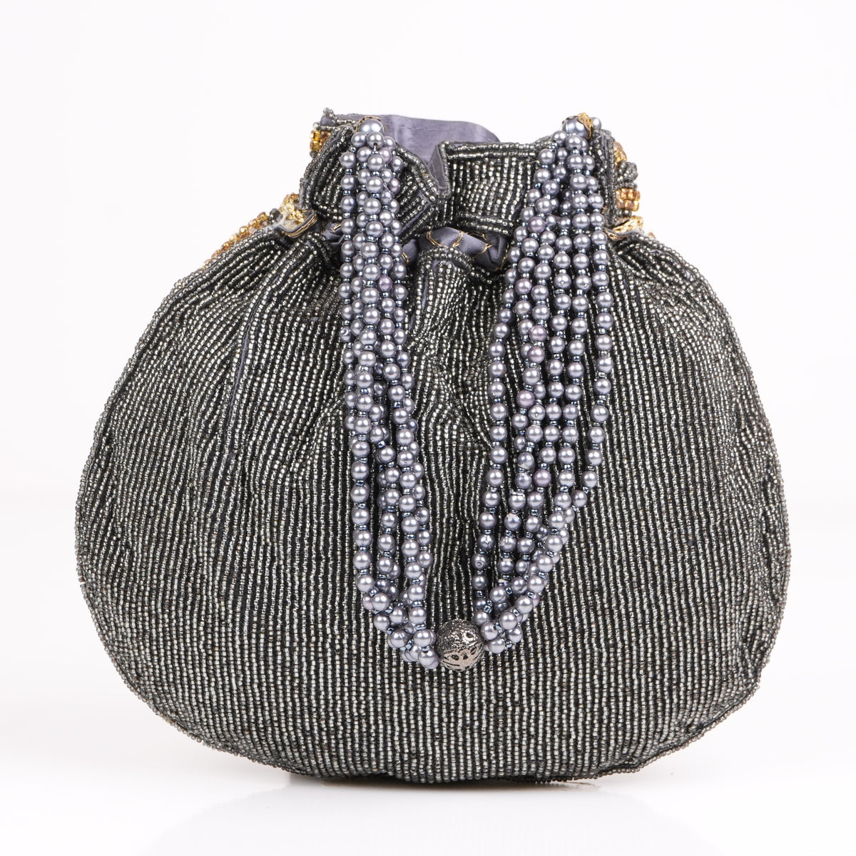 Grey Gold Beaded Potli Bag