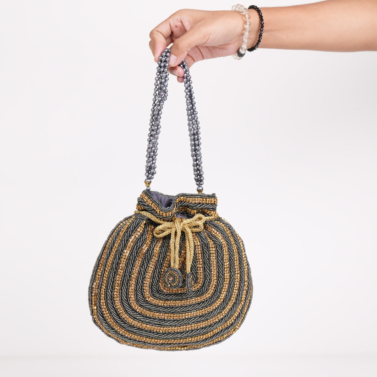 Grey Gold Beaded Potli Bag