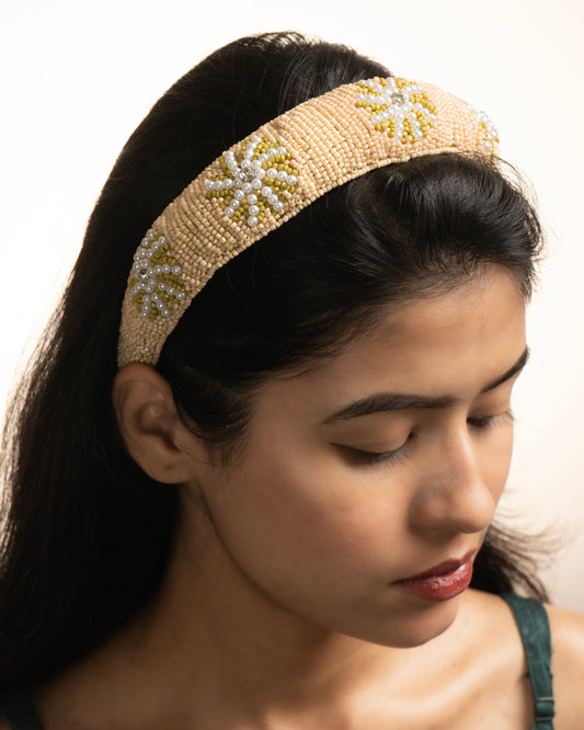 BEIGE  PEARL HAIRBAND-SET OF 5
