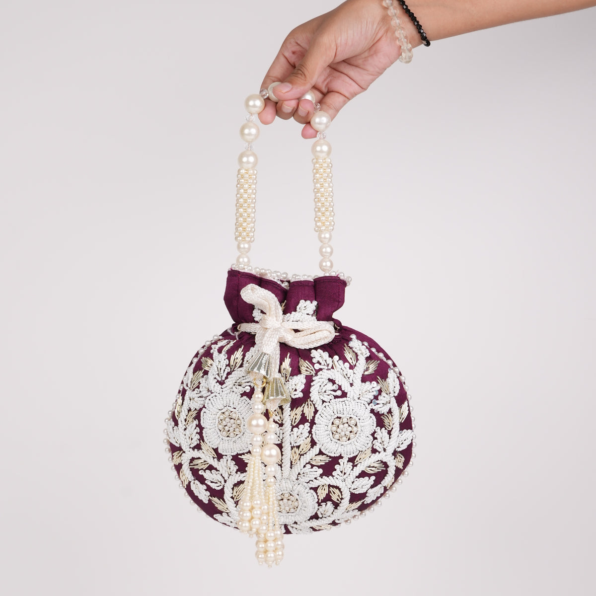 Wine Pearl Shine Potli Bag