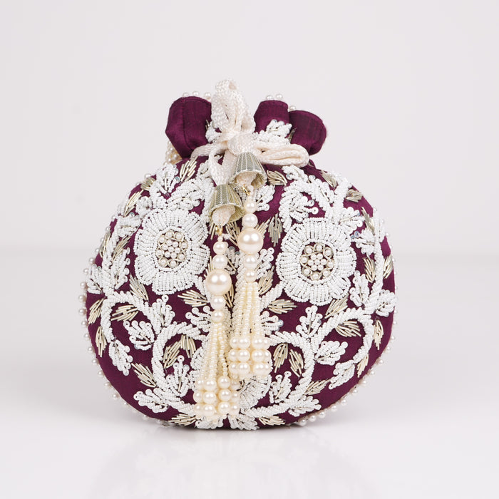 Wine Pearl Shine Potli Bag