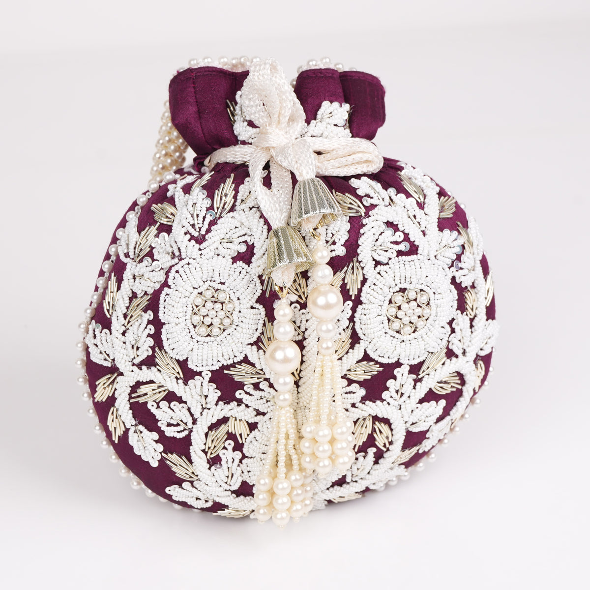 Wine Pearl Shine Potli Bag