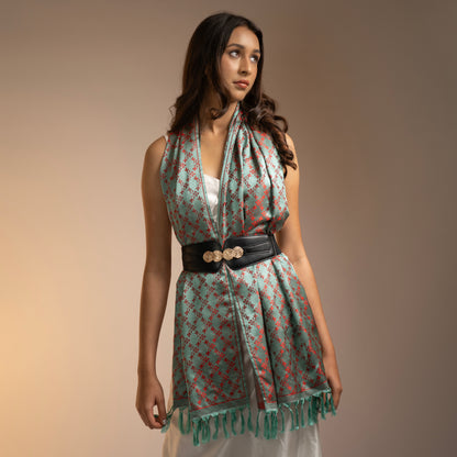 SILK STOLE - TURQUOISE GREEN & RED