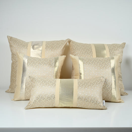 GOLDEN SILK BED SETS / SOFA CUSHIONS - CUSHION COVER | SILK BROCADE| IVORY TRANQUILITY