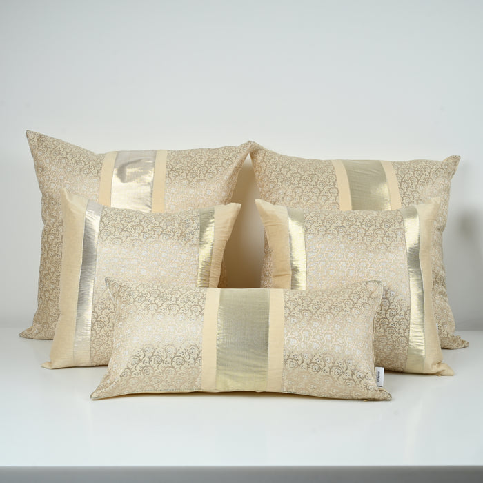 GOLDEN SILK BED SETS / SOFA CUSHIONS - CUSHION COVER | SILK BROCADE| IVORY TRANQUILITY