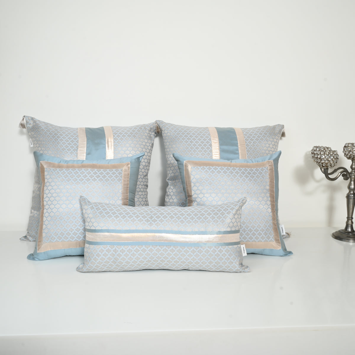 Light Blue Sarovar Silk Brocade Bed Set Cusion Covers