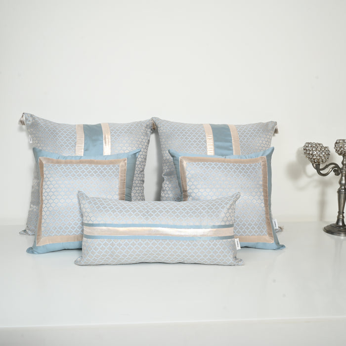 Light Blue Sarovar Silk Brocade Bed Set Cusion Covers