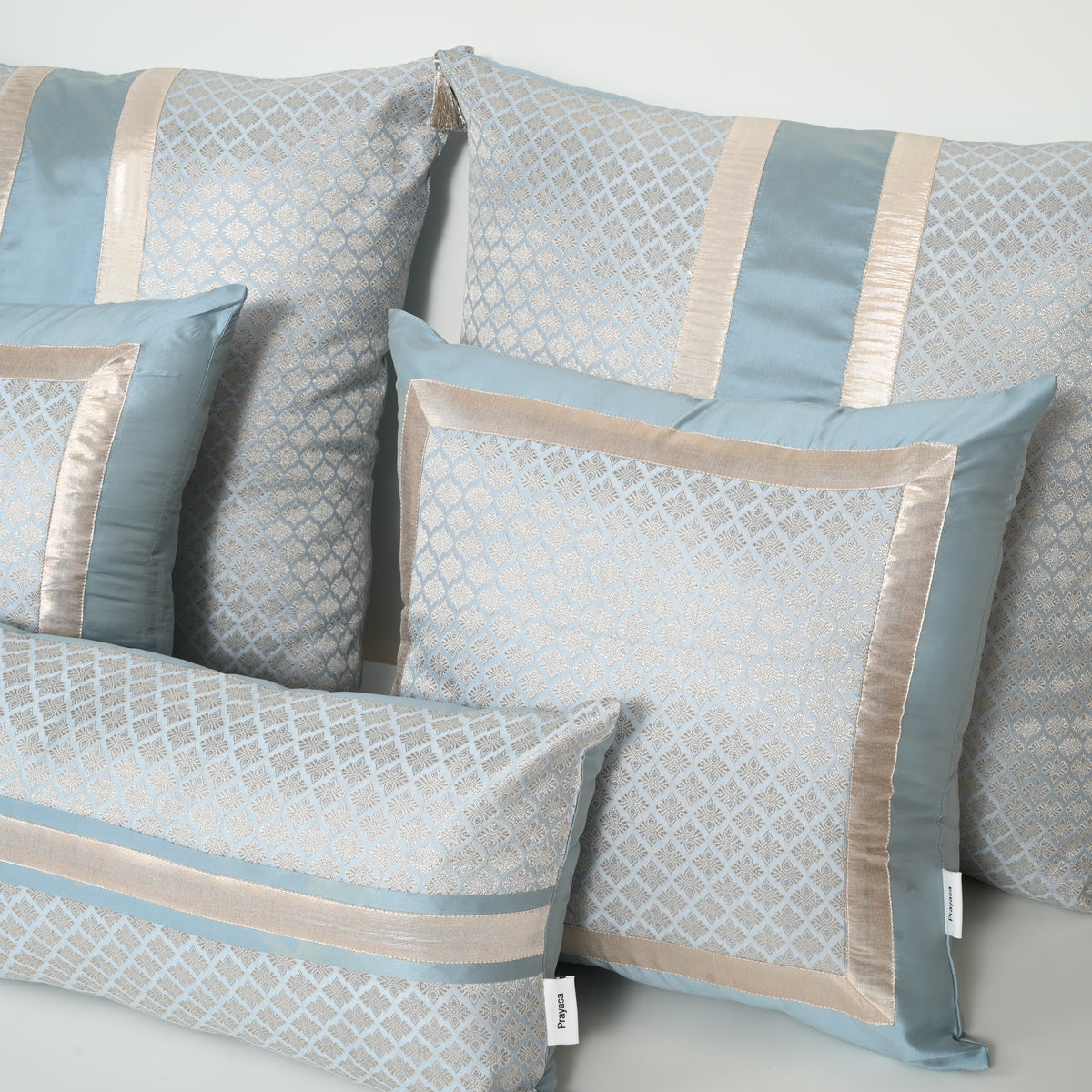 Light Blue Sarovar Silk Brocade Bed Set Cusion Covers
