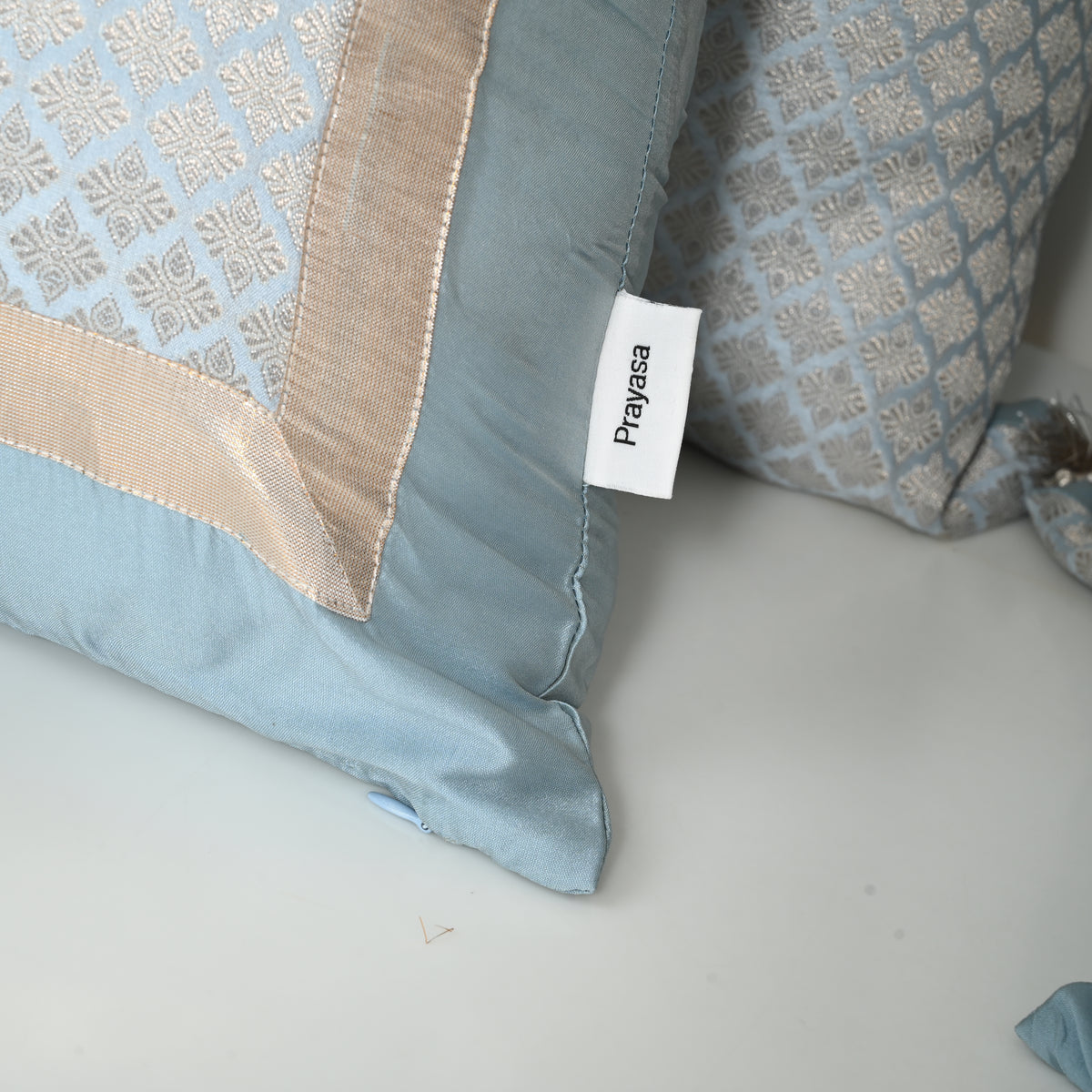 Light Blue Sarovar Silk Brocade Bed Set Cusion Covers