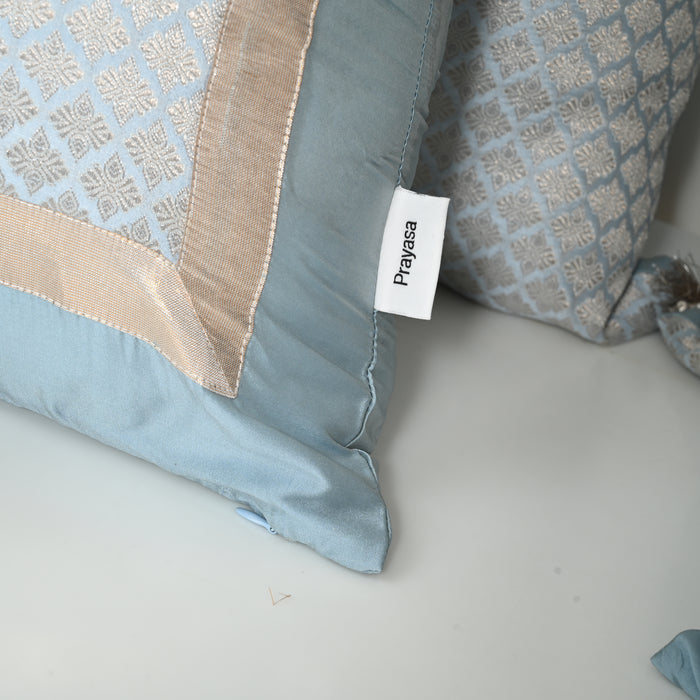 Light Blue Sarovar Silk Brocade Bed Set Cusion Covers