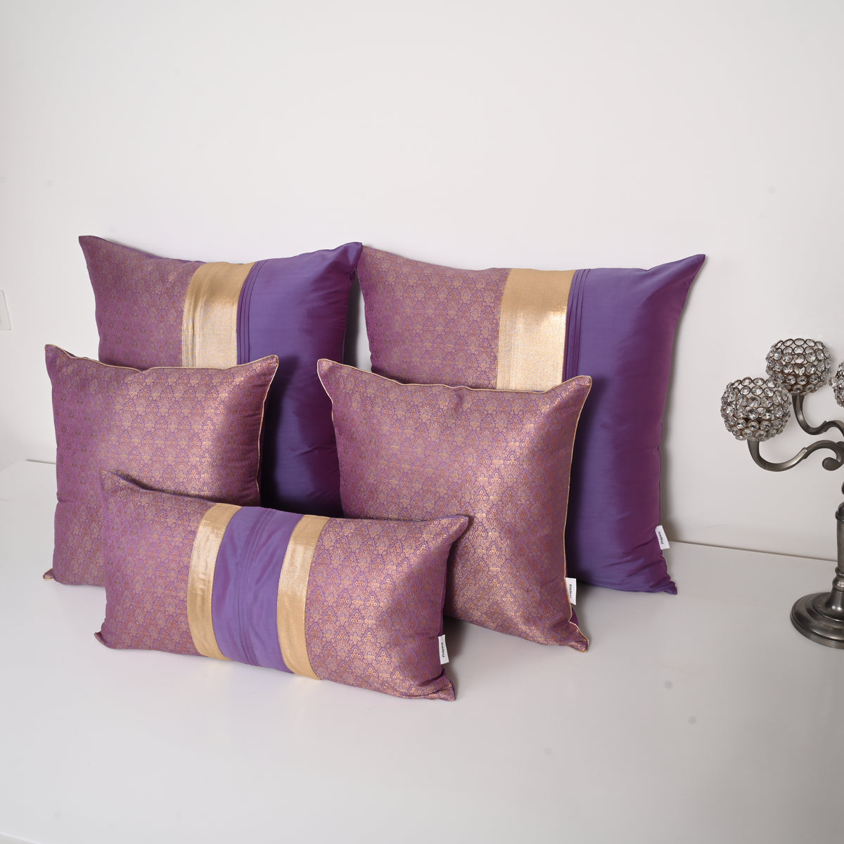 Purple Silk Sukham Brocade Bed Set Cusion Covers