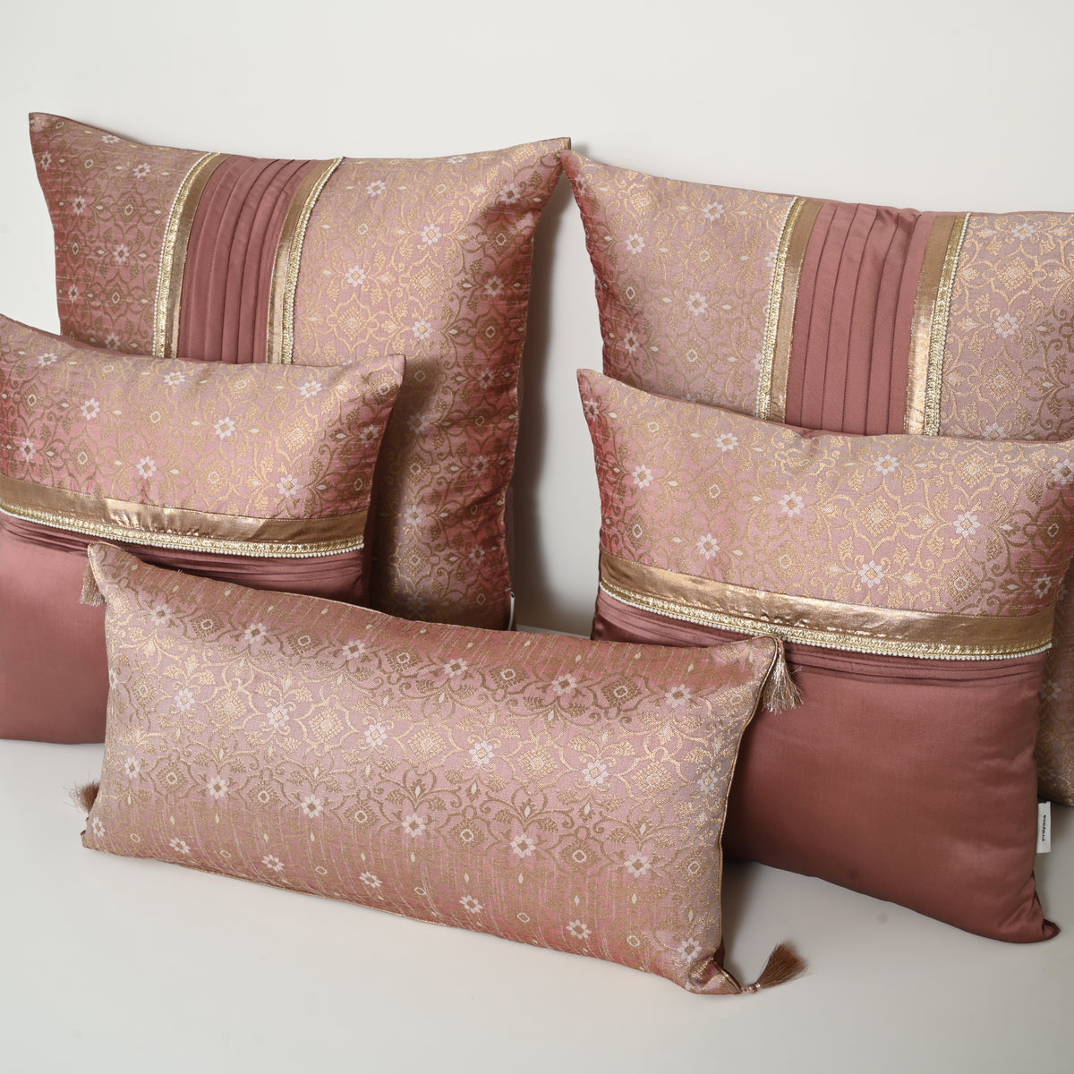 Dusky Rose Dhera Floral Silk Brocade Bed Set Cusion Covers