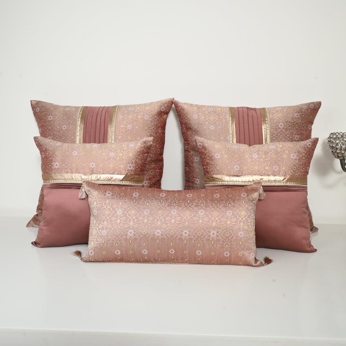 Dusky Rose Dhera Floral Silk Brocade Bed Set Cusion Covers