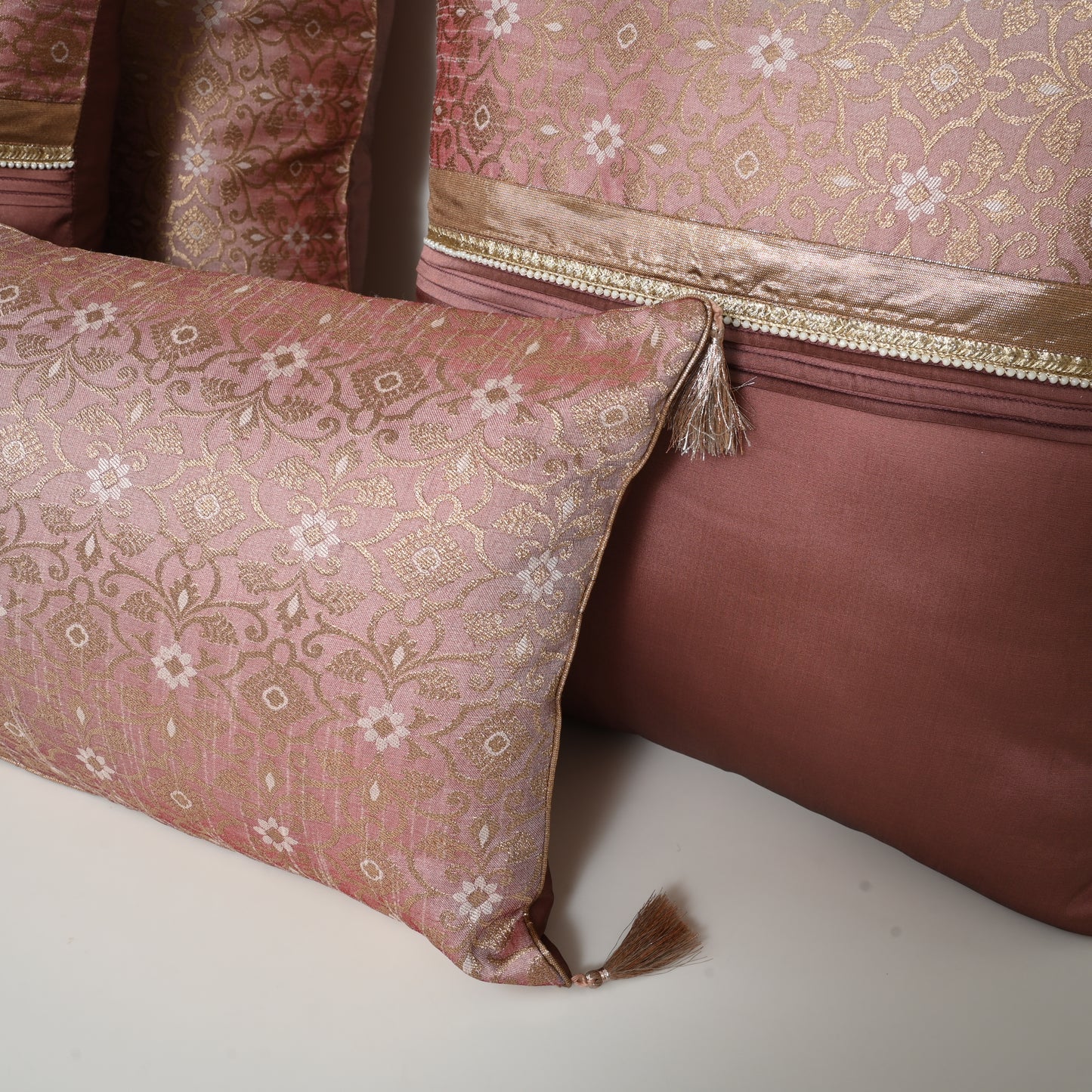 DUSTY ROSE SILK BED SETS / SOFA CUSHIONS - CUSHION COVER | SILK BROCADE | DHERA FLORAL