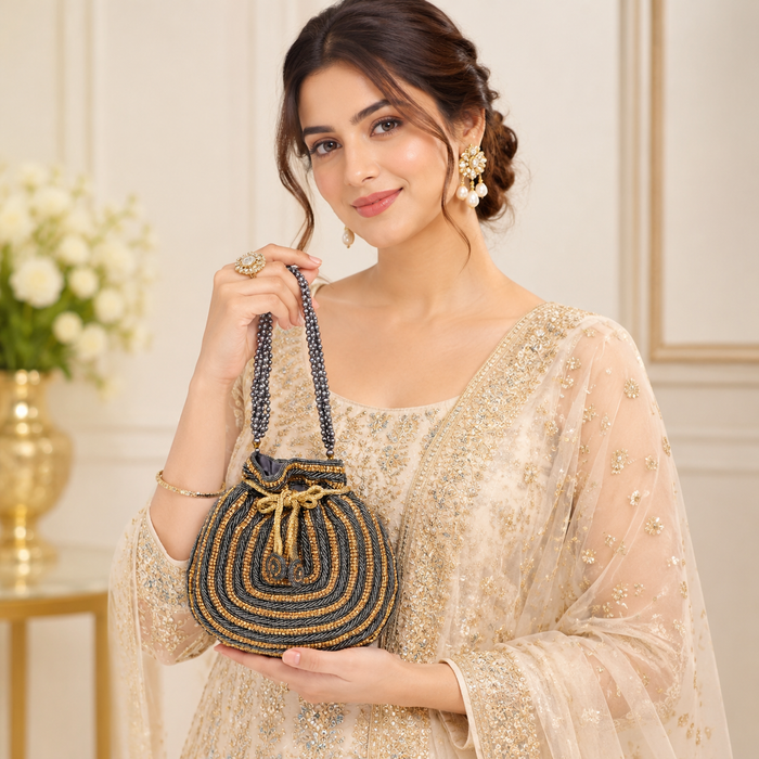 Grey Gold Beaded Potli Bag