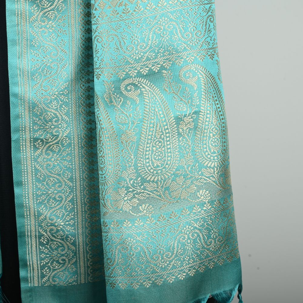 SILK STOLE - AQUA HERITAGE WEAVE LEAF DESIGN