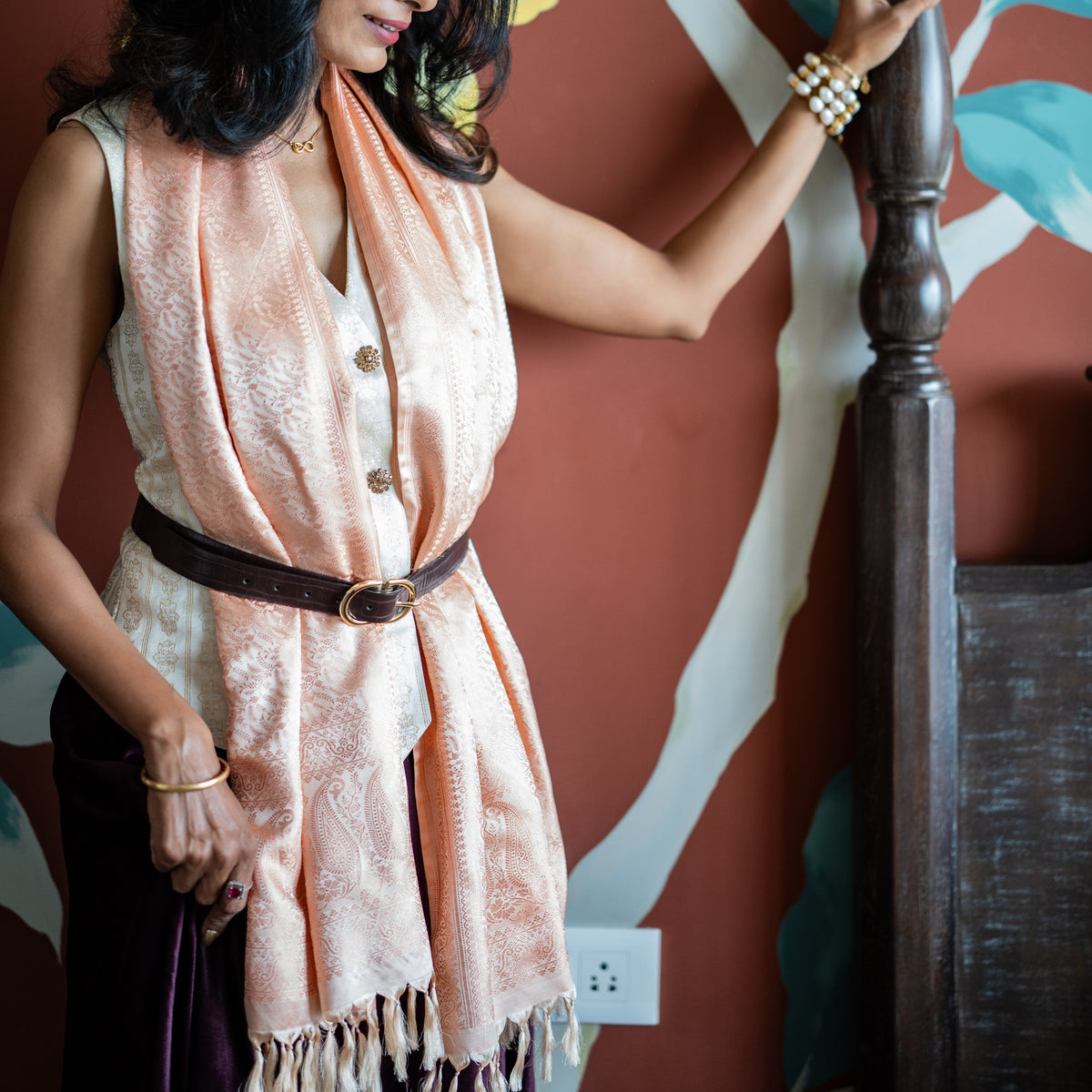 Peach Tanchoi Silk Stole