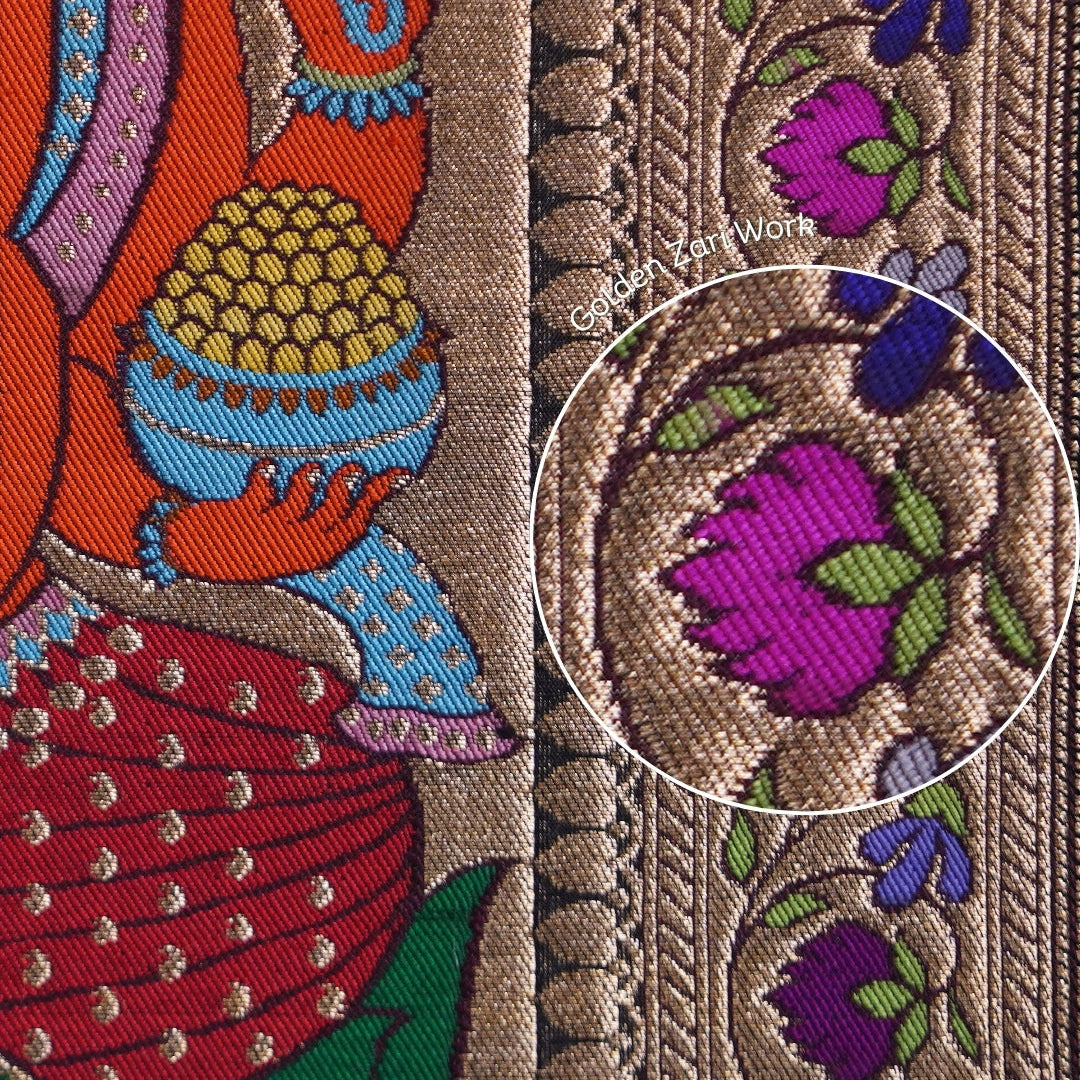 Close-up of intricate embroidery with floral patterns and a colorful character.
