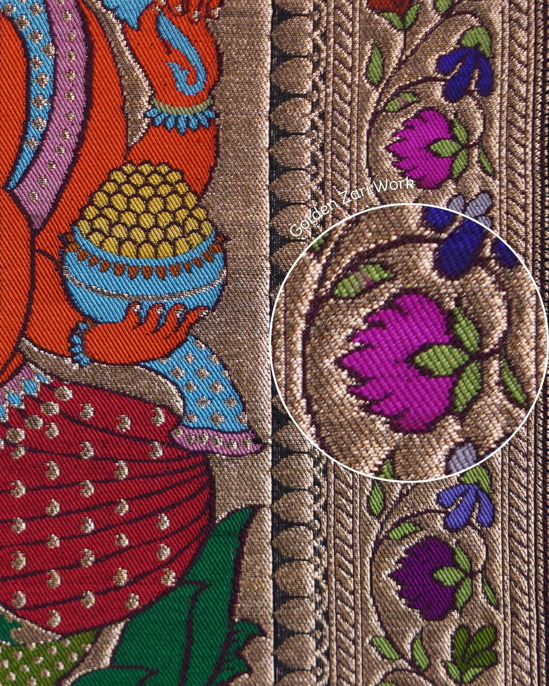 Close-up of intricate embroidery with floral patterns and a colorful character.