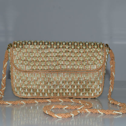 Handcrafted Golden Peach Pearl Beaded Clutch Purse for Women