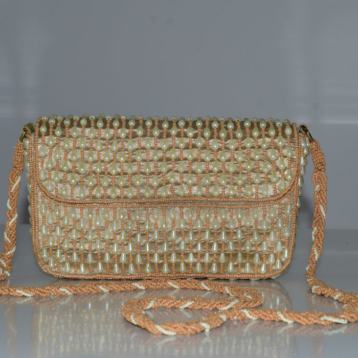 Handcrafted Golden Peach Pearl Beaded Clutch Purse for Women