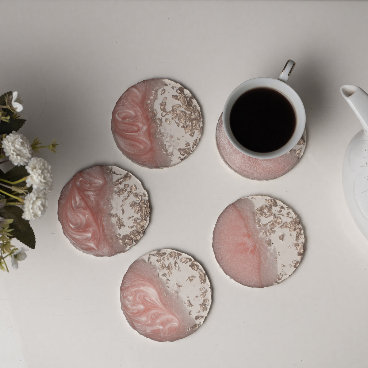Pink Coaster Set RESIN COASTER - PINK & GOLD - SET OF 5 – Prayasa IN