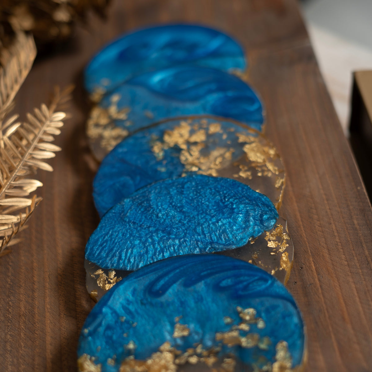 RESIN TEA COASTER - BLUE & GOLD - SET OF 5