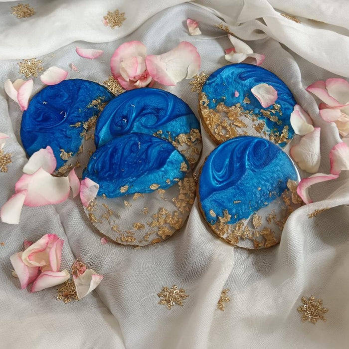 RESIN TEA COASTER - BLUE & GOLD - SET OF 5