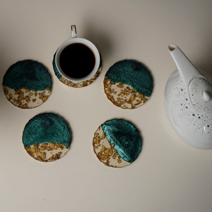 RESIN COASTER - GREEN & GOLD - SET OF 5