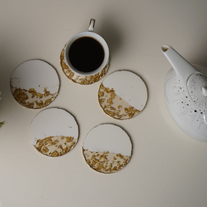 RESIN COASTER - WHITE & GOLD - SET OF 5
