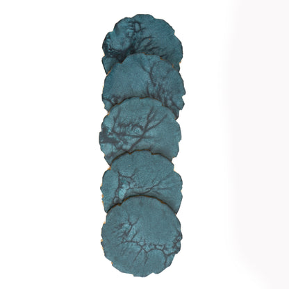 Set of five blue stone coasters on a white background