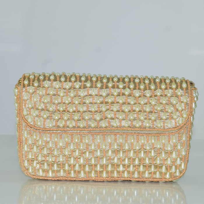Handcrafted Golden Peach Pearl Beaded Clutch Purse for Women