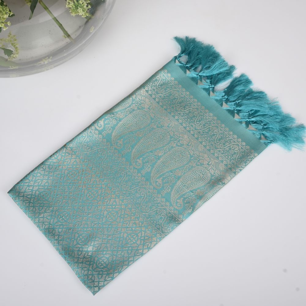 SILK STOLE - AQUA HERITAGE WEAVE LEAF DESIGN