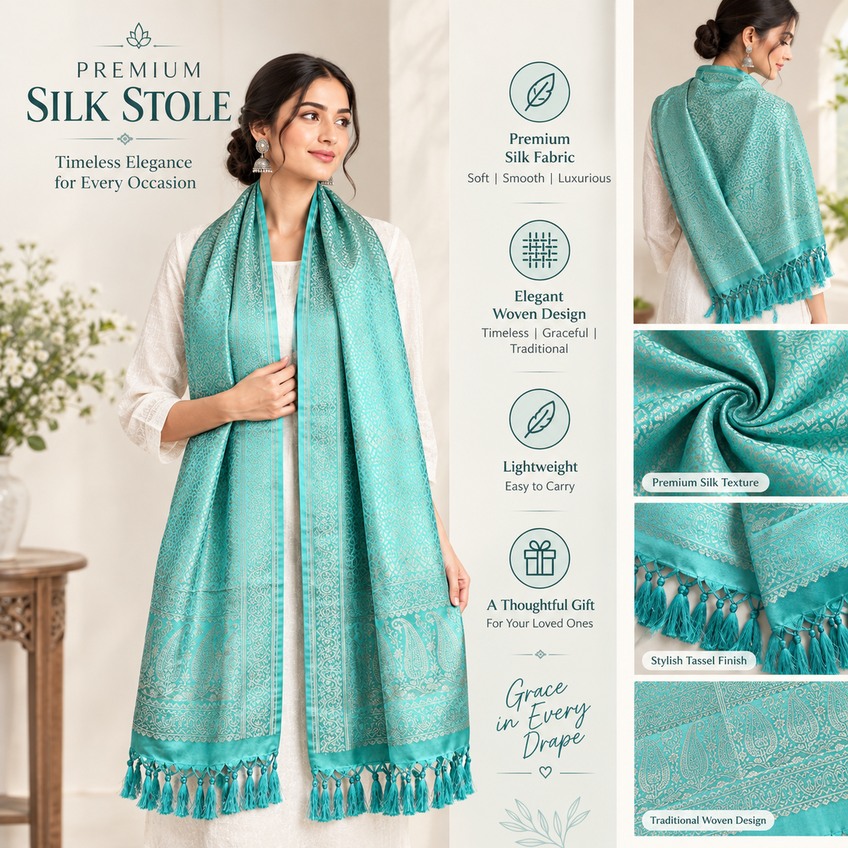 Aqua Heritage Weave Leaf Design Silk Stole