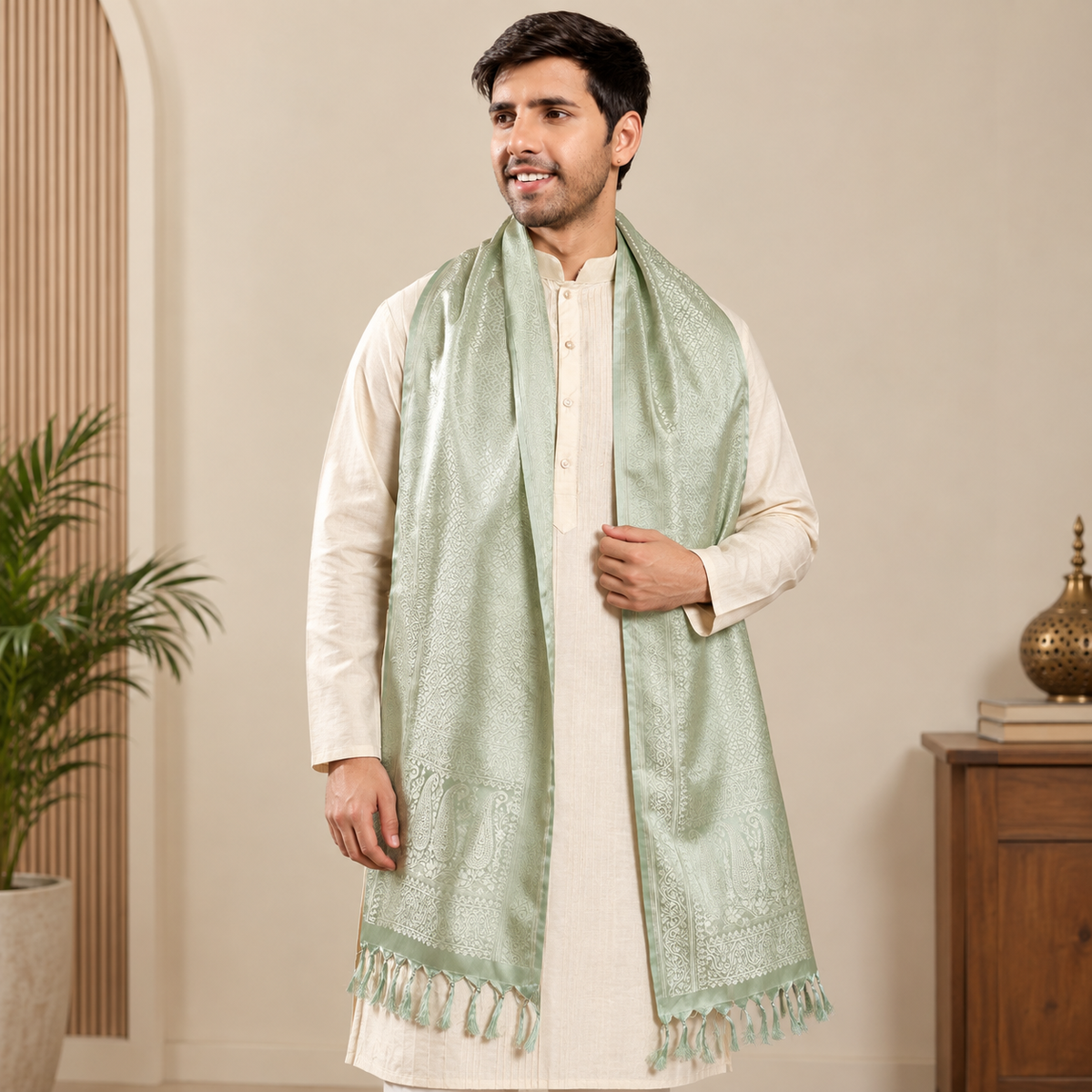Pista Green Leaf Design Silk Men's Scarf