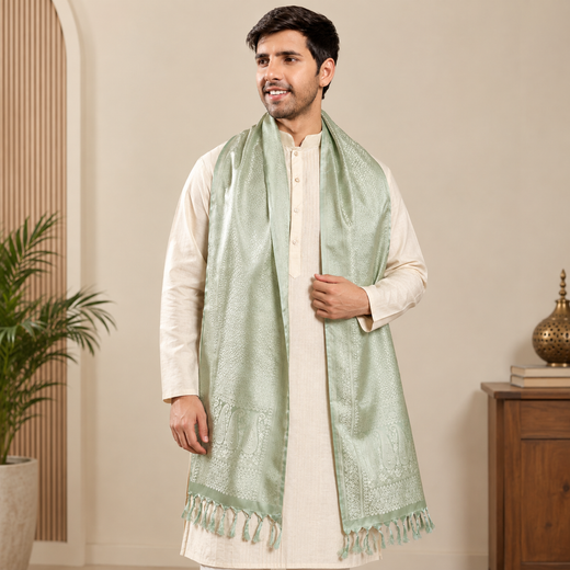 Pista Green Leaf Design Silk Men's Scarf