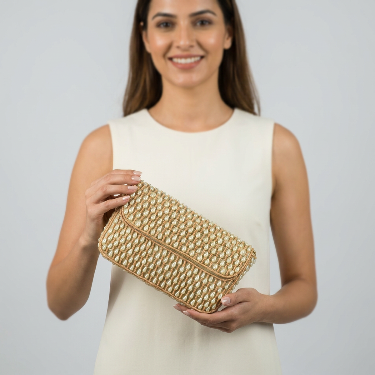 Golden Pearl Beaded Clutch for Women