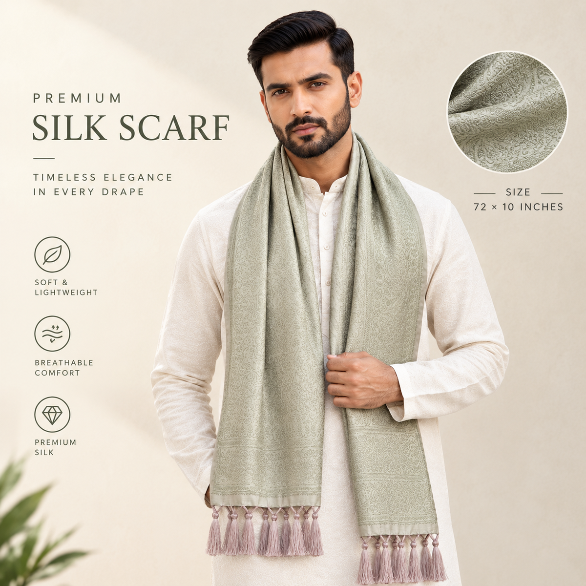 Light Pista Green Floral Design Silk Men’s Scarf