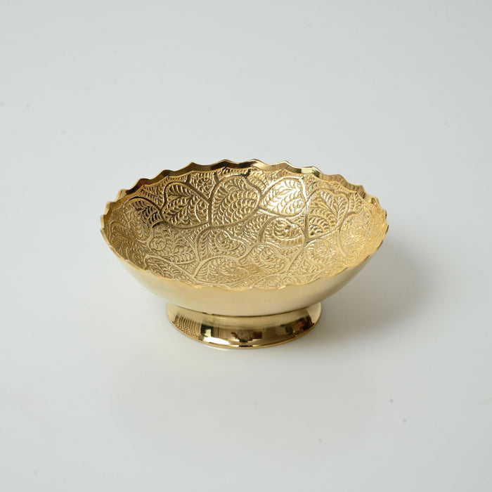 Handcrafted Brass Decorative Bowl with Engraved Floral Design & Pedestal Base Set of 2