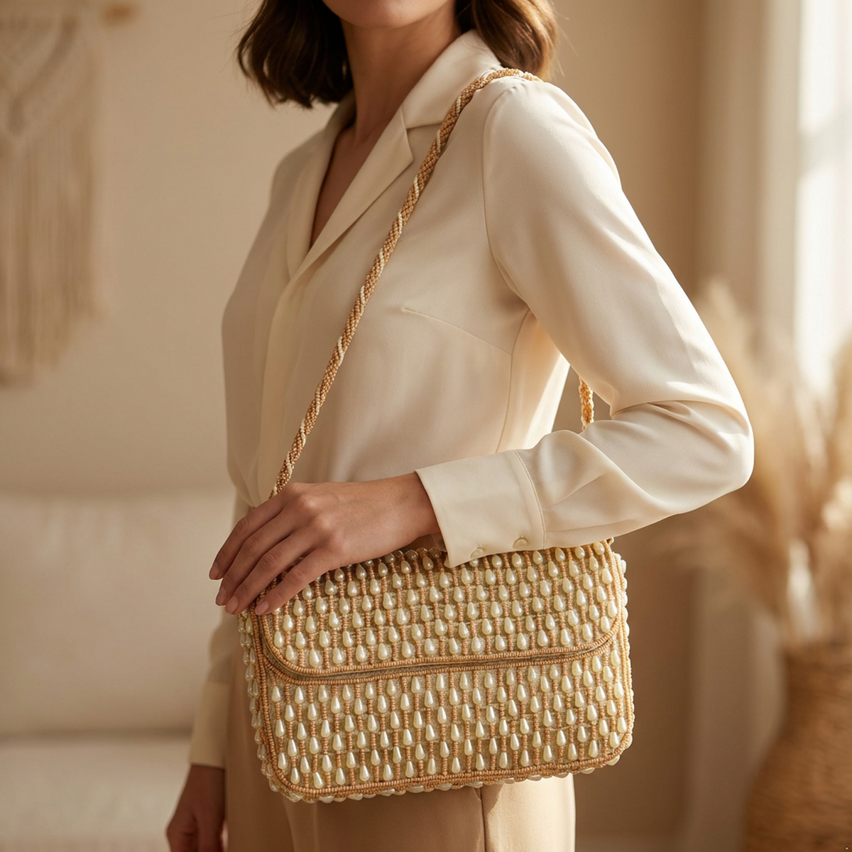 Golden Pearl Beaded Clutch for Women