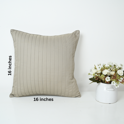 Beige striped pillow with dimensions .