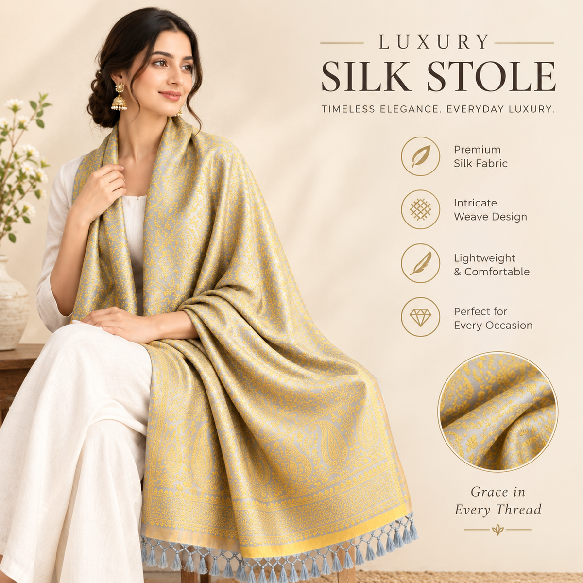Grey & Gold Tanchoi Silk Stole