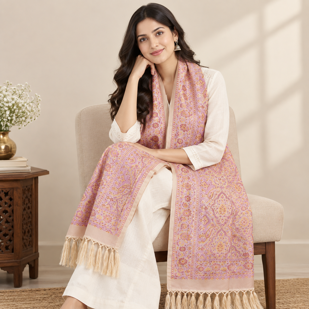 Biege Peach Paisely Design Silk Stole