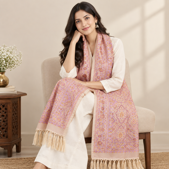 Biege Peach Paisely Design Silk Stole